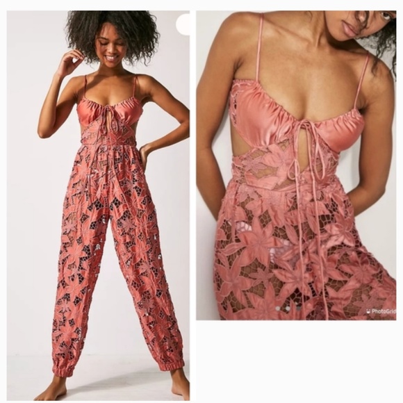 Free People FP Intimatley By the Sea Lace Embroidered Floral Flower Coral Romper